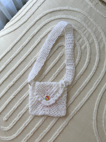White & Coral Kids Crochet Bag with Princess Button