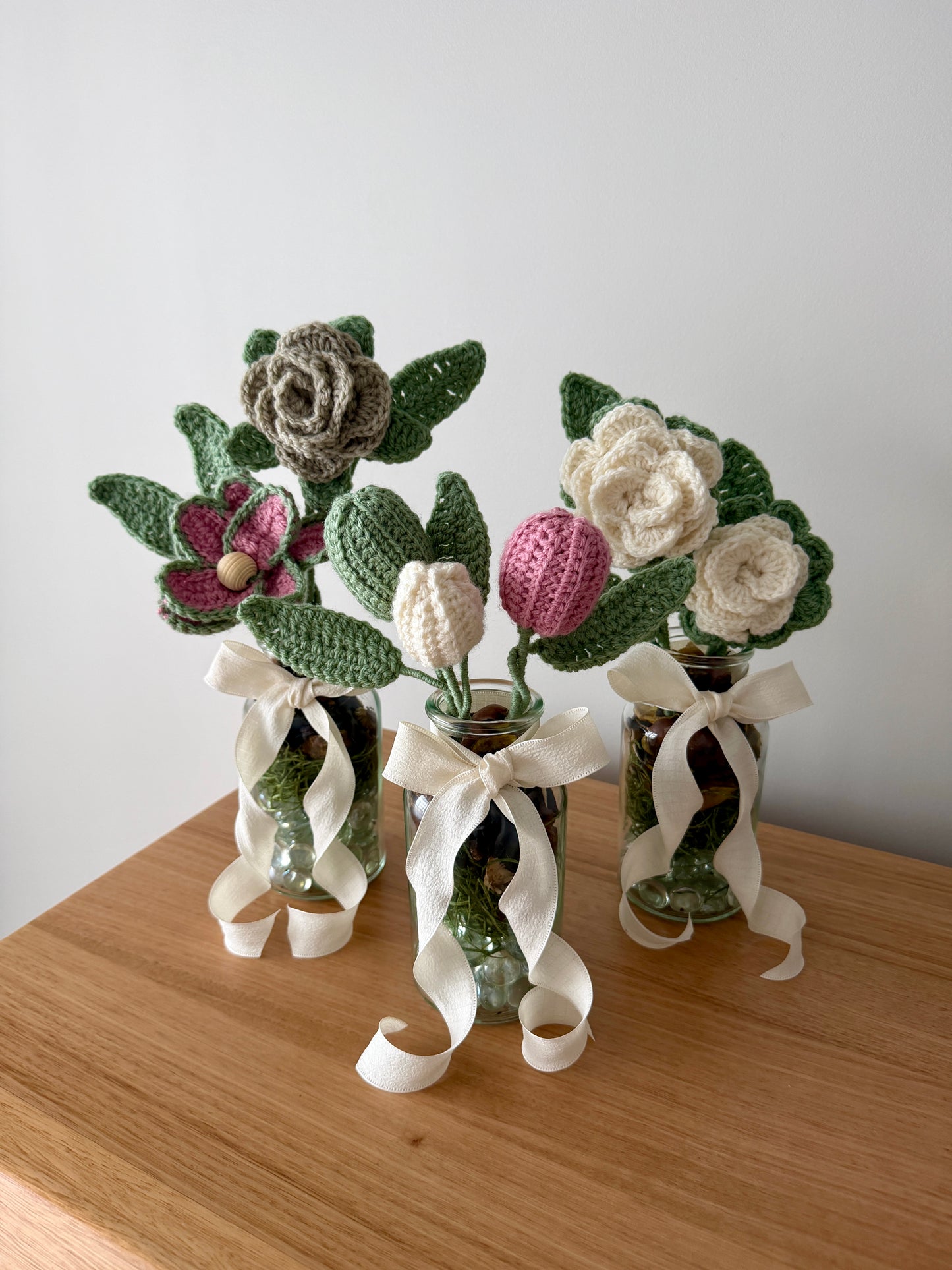 Crochet Coloured Flower Buds in Glass Vase