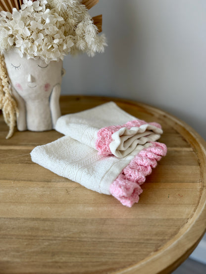 Pretty Pair of Face Washers with Pink Crochet Detail