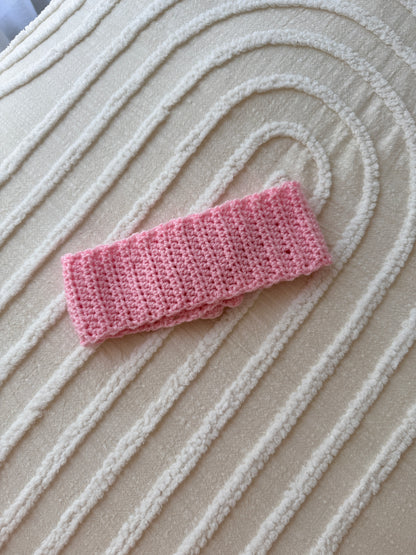 Pink Flower Crochet Headband with Butterfly Button