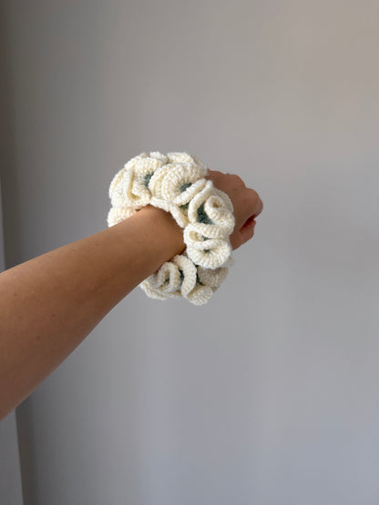 Aqua & Cream Crochet Scrunchie
