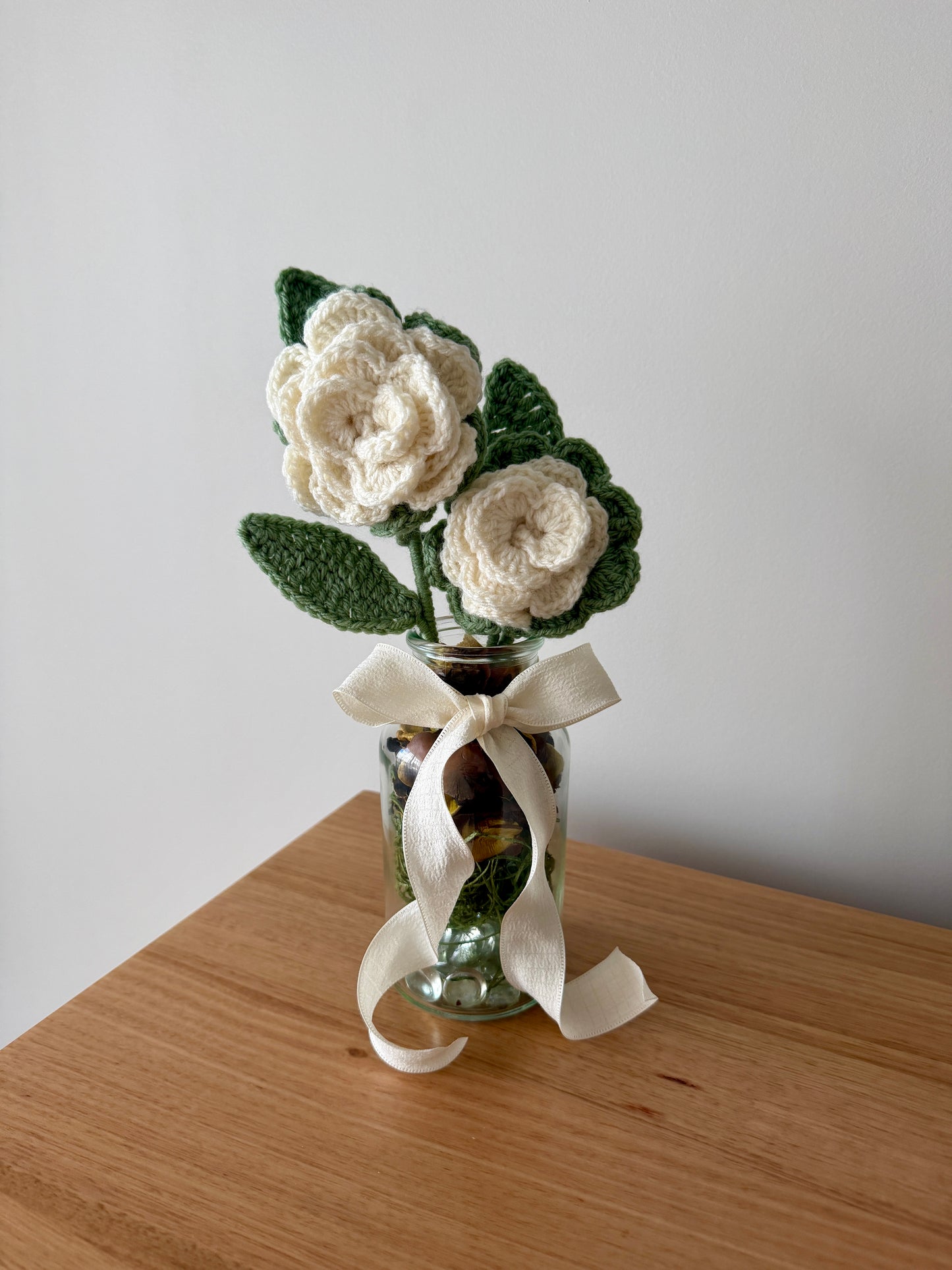 Cream Crochet Open Flower Arrangement with Glass Vase