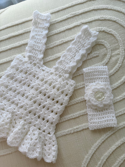 Olivia White Pinafore & Headband Crochet Set