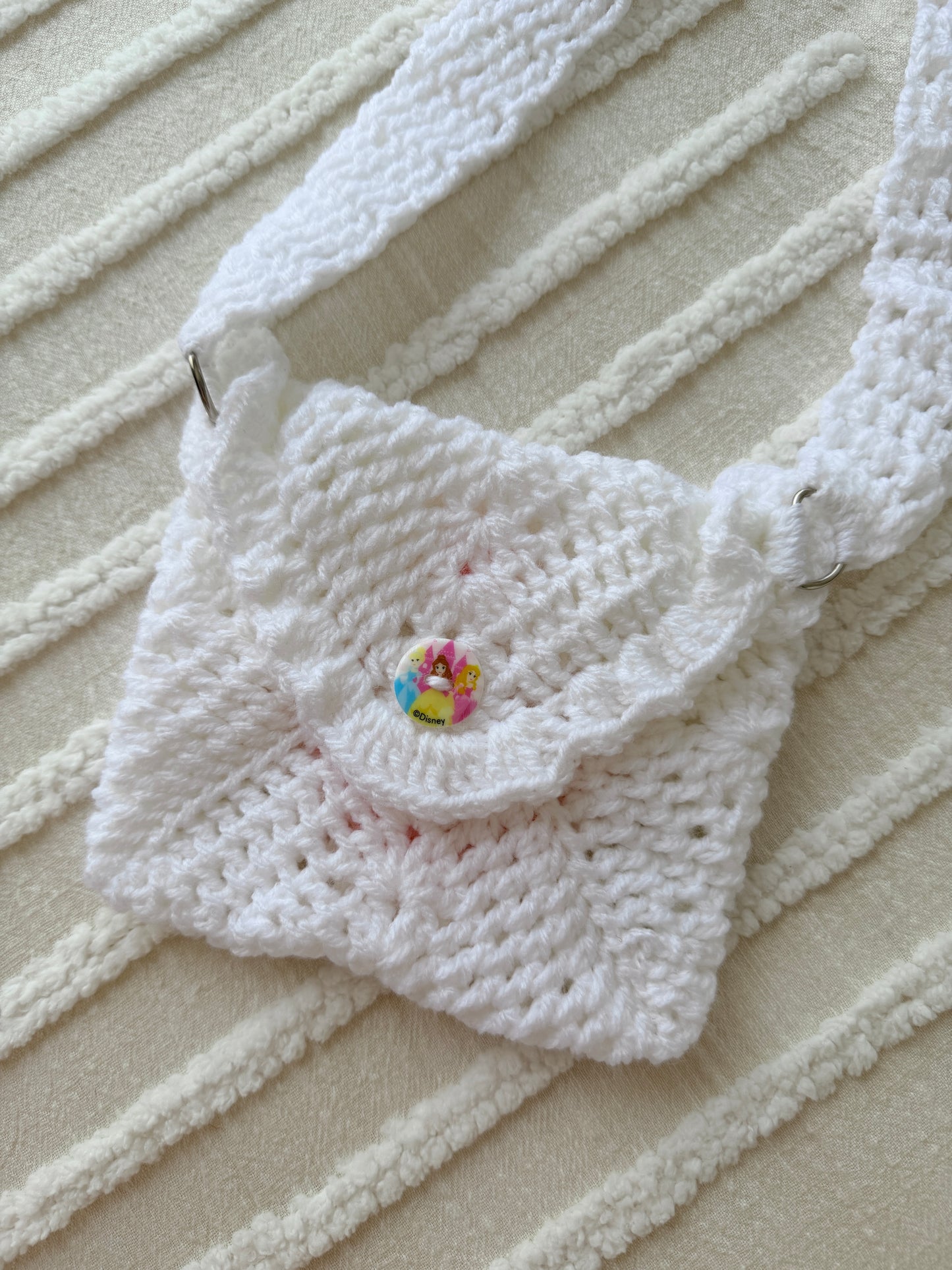 White & Coral Kids Crochet Bag with Princess Button