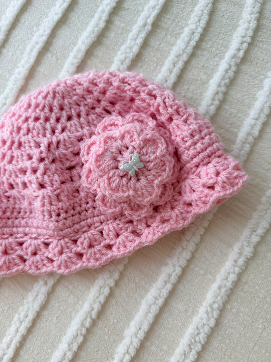 Amelia Pink Crochet Hat with Butterfly Button