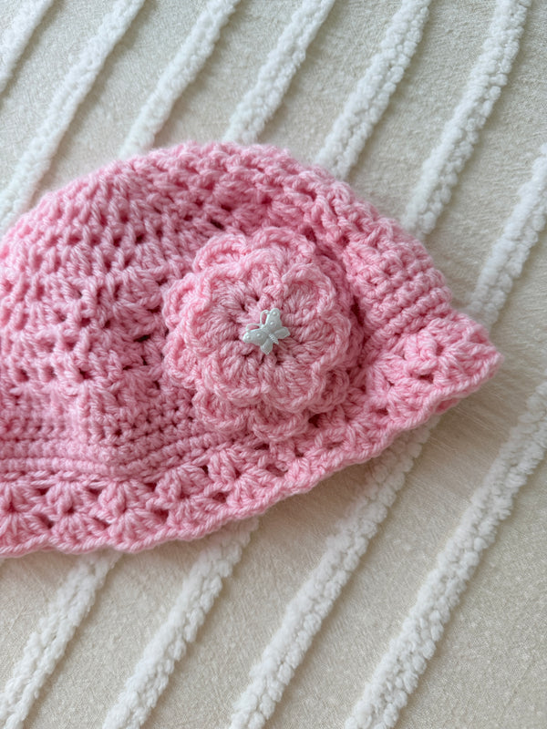 Amelia Pink Crochet Hat with Butterfly Button