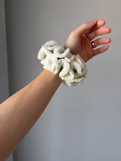 Aqua & Cream Crochet Scrunchie