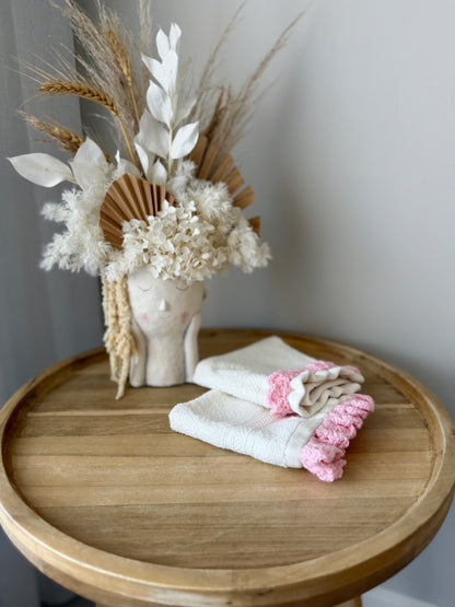 Pretty Pair of Face Washers with Pink Crochet Detail