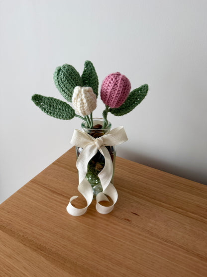 Crochet Coloured Flower Buds in Glass Vase