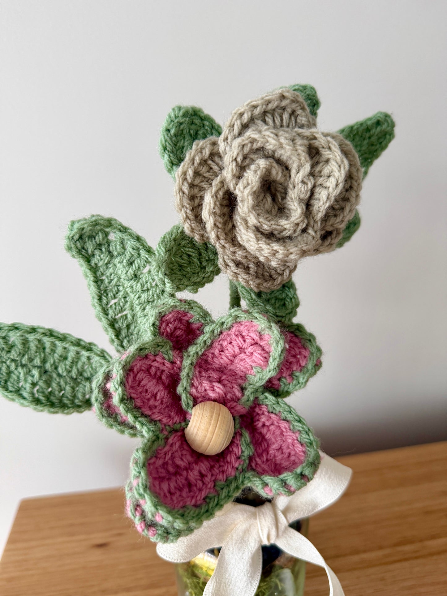 Coloured Crochet Flower Arrangement in Glass Vase