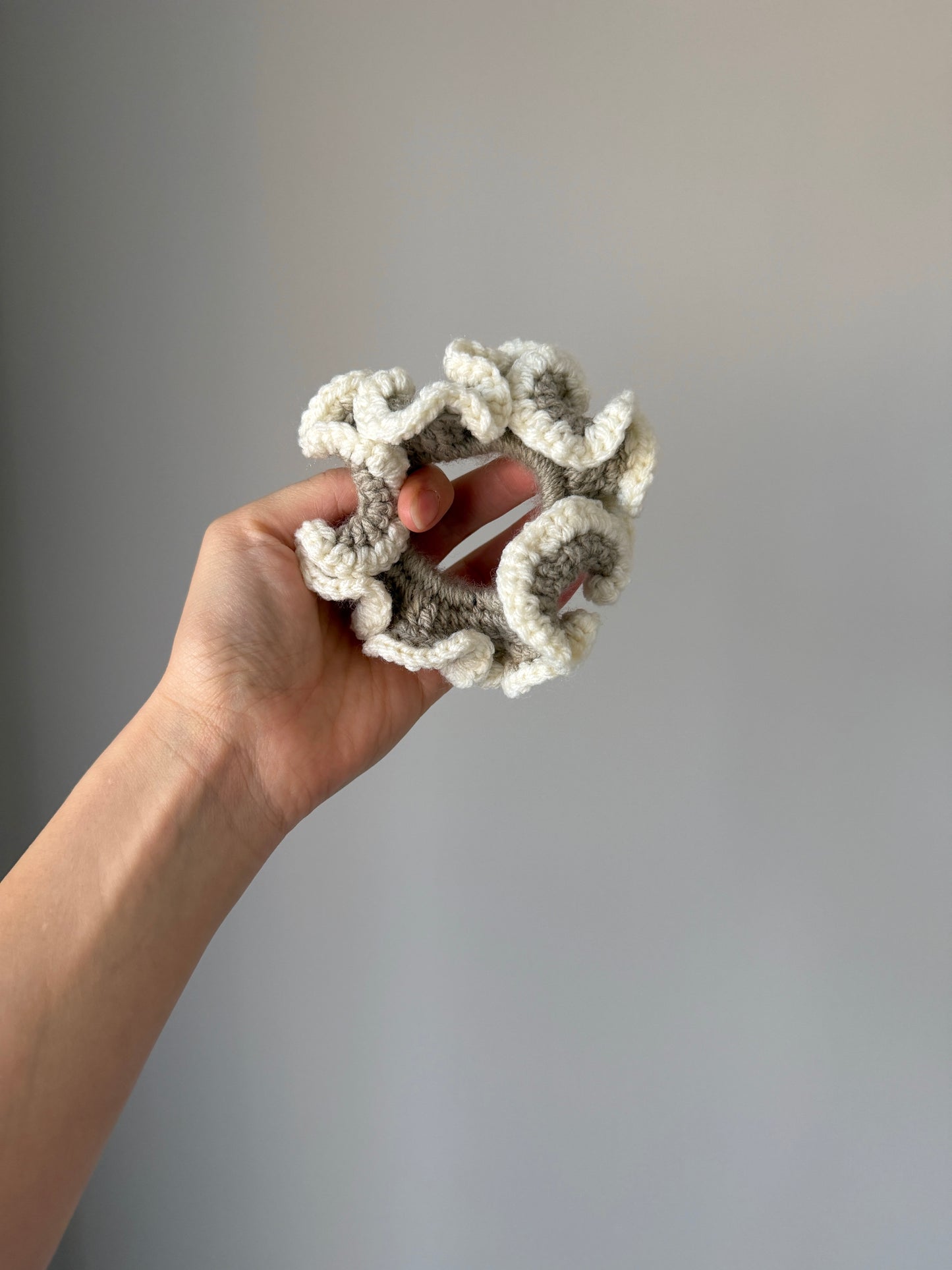 Brownish Grey & Cream Crochet Scrunchie