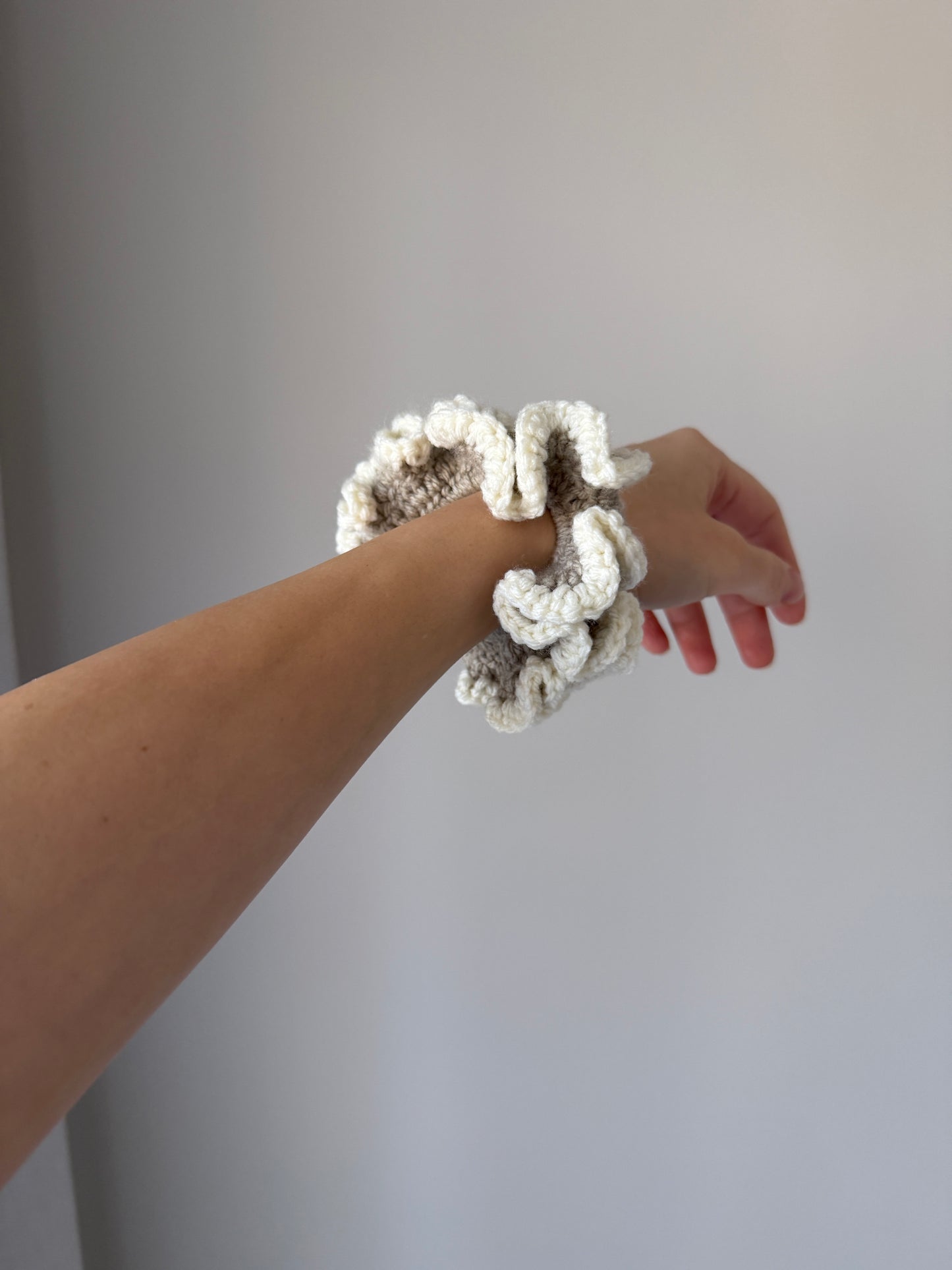 Brownish Grey & Cream Crochet Scrunchie