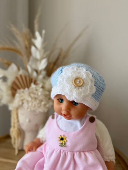 Baby Blue & White Crochet Beanie with Flower Design