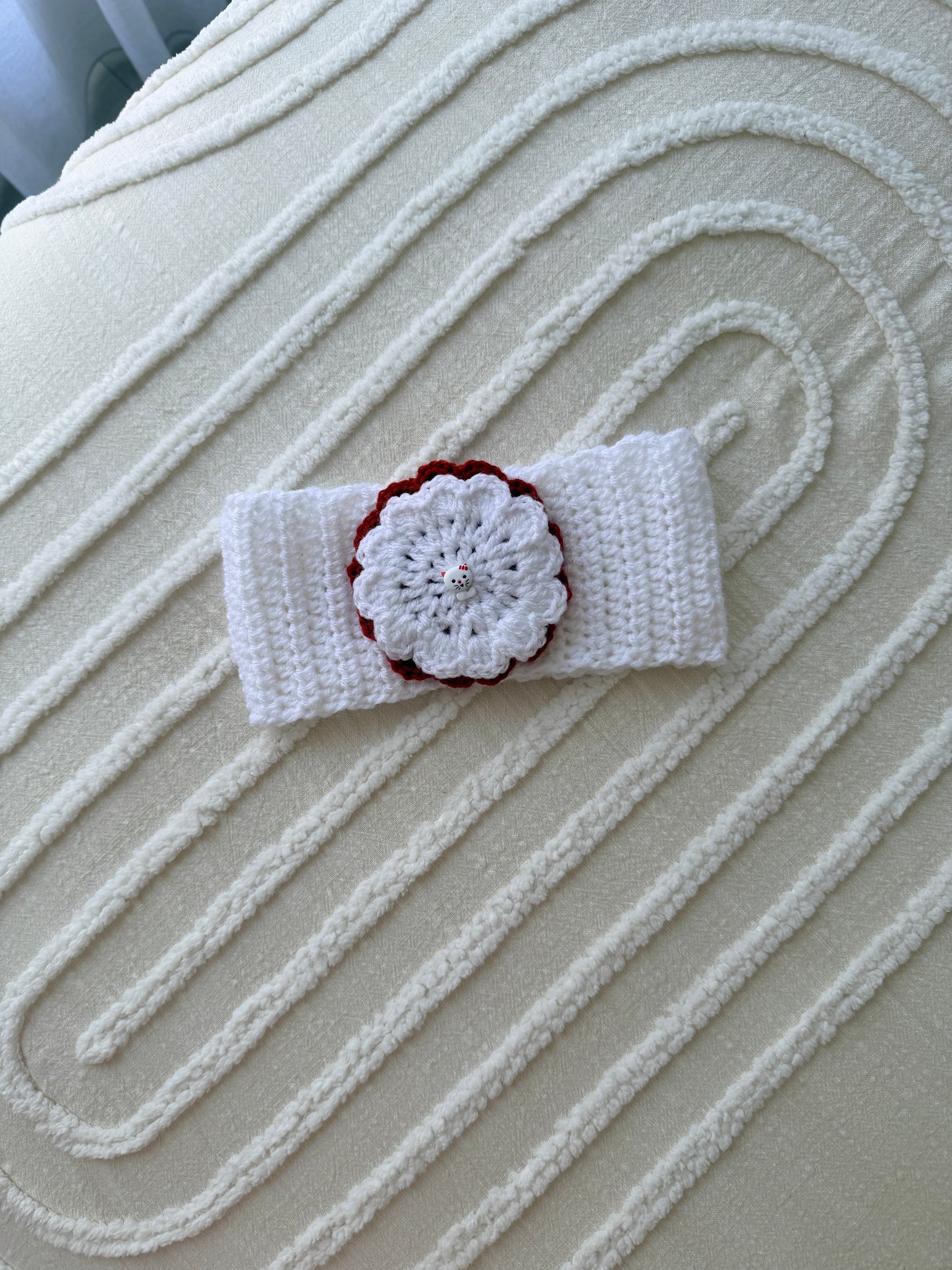 White & Red Crochet Headband with Cat Button