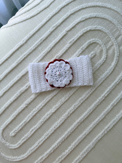 White & Red Crochet Headband with Cat Button