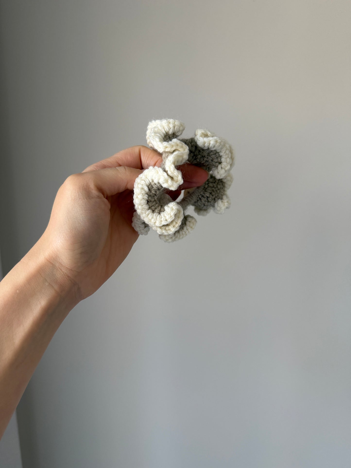 Brownish Grey & Cream Crochet Scrunchie