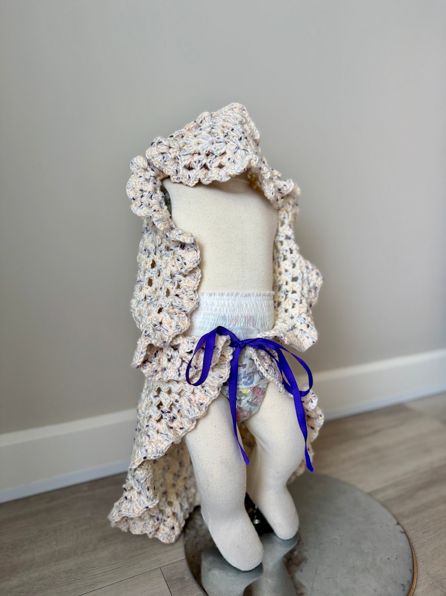Leila Crochet Baby Wrap, Beanie + Headband Set