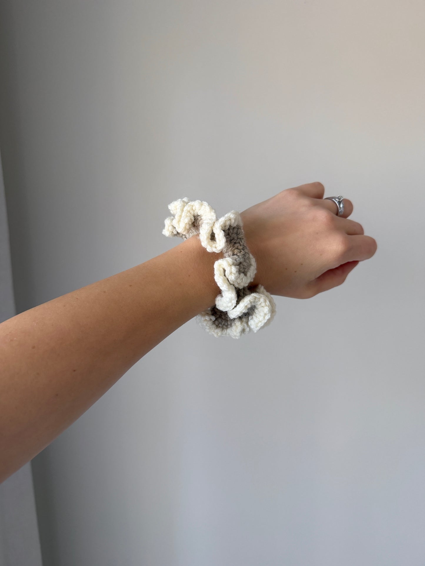 Brownish Grey & Cream Crochet Scrunchie