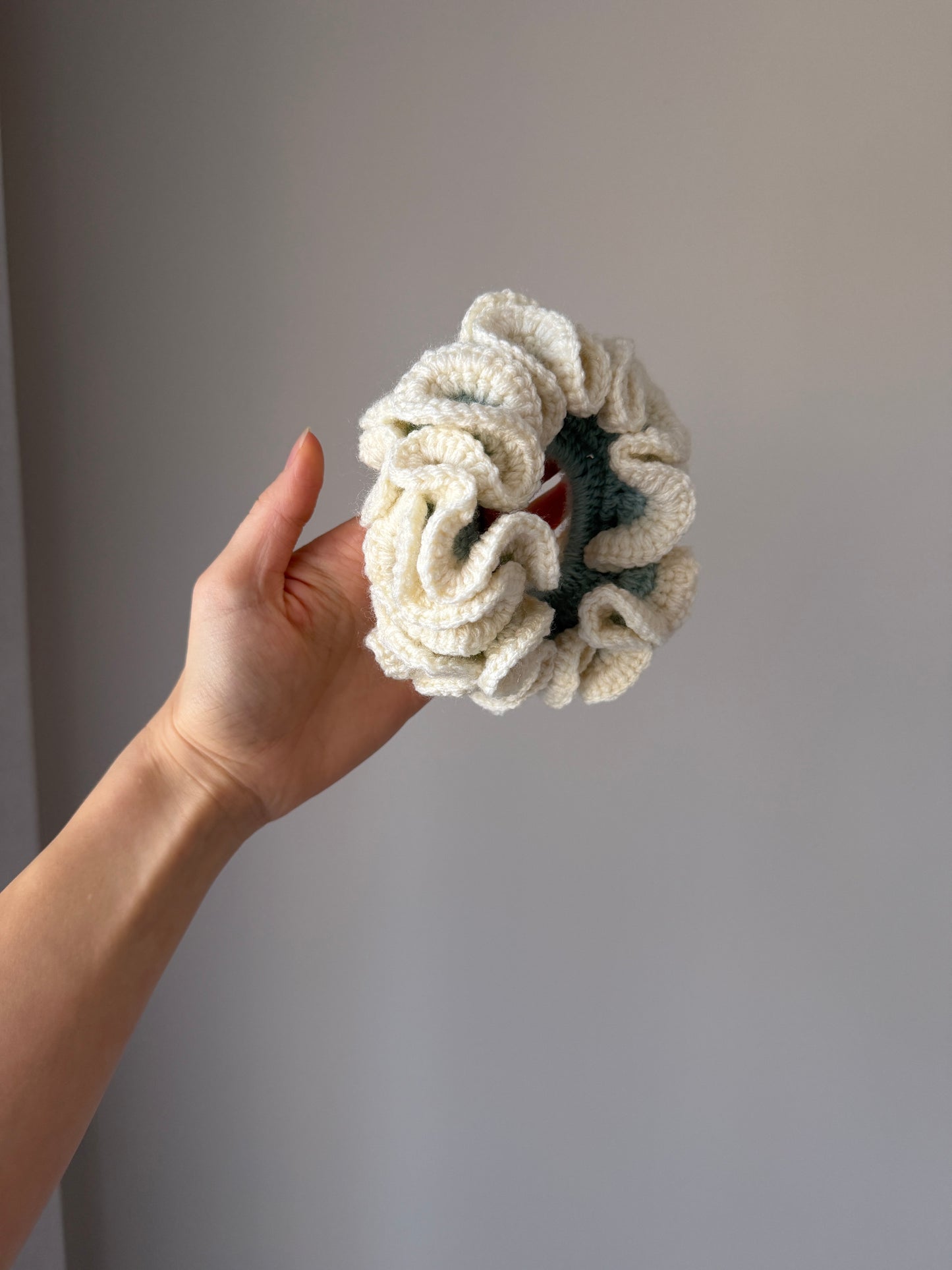 Aqua & Cream Crochet Scrunchie