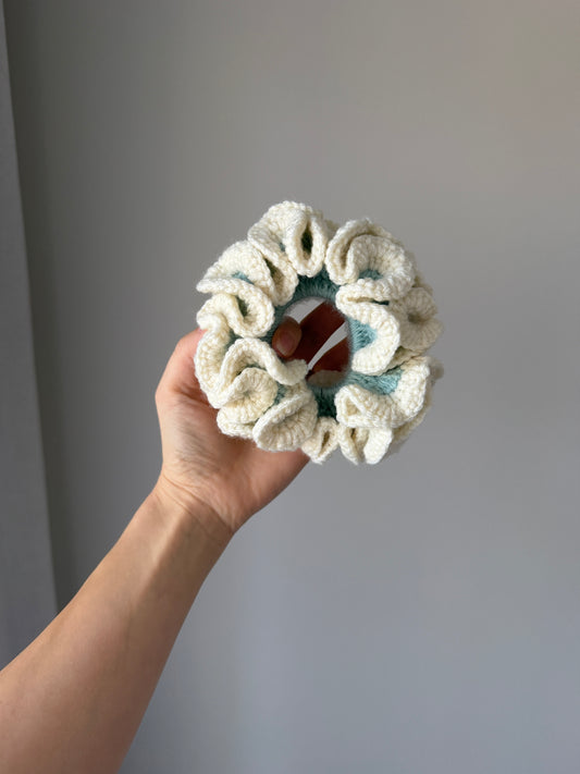 Aqua & Cream Crochet Scrunchie