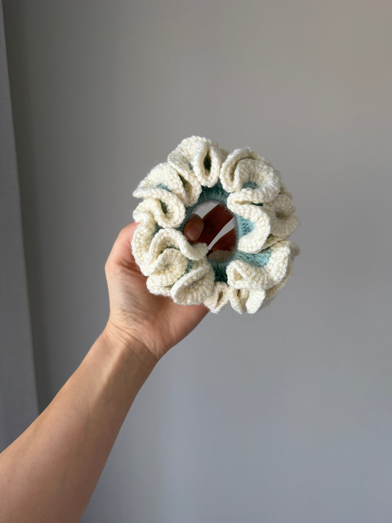 Aqua & Cream Crochet Scrunchie