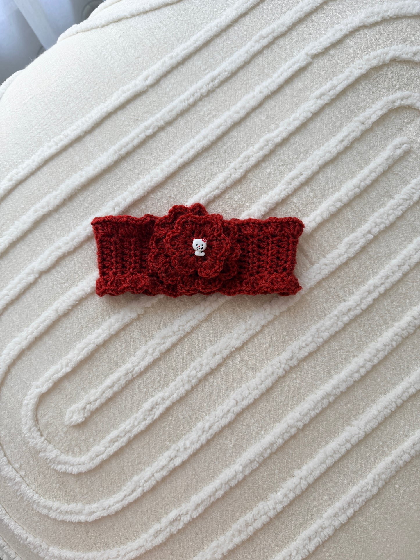 Red Flower Crochet Headband with Cat Button