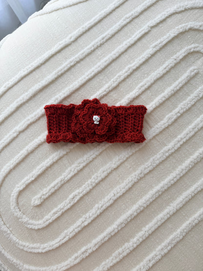 Red Flower Crochet Headband with Cat Button