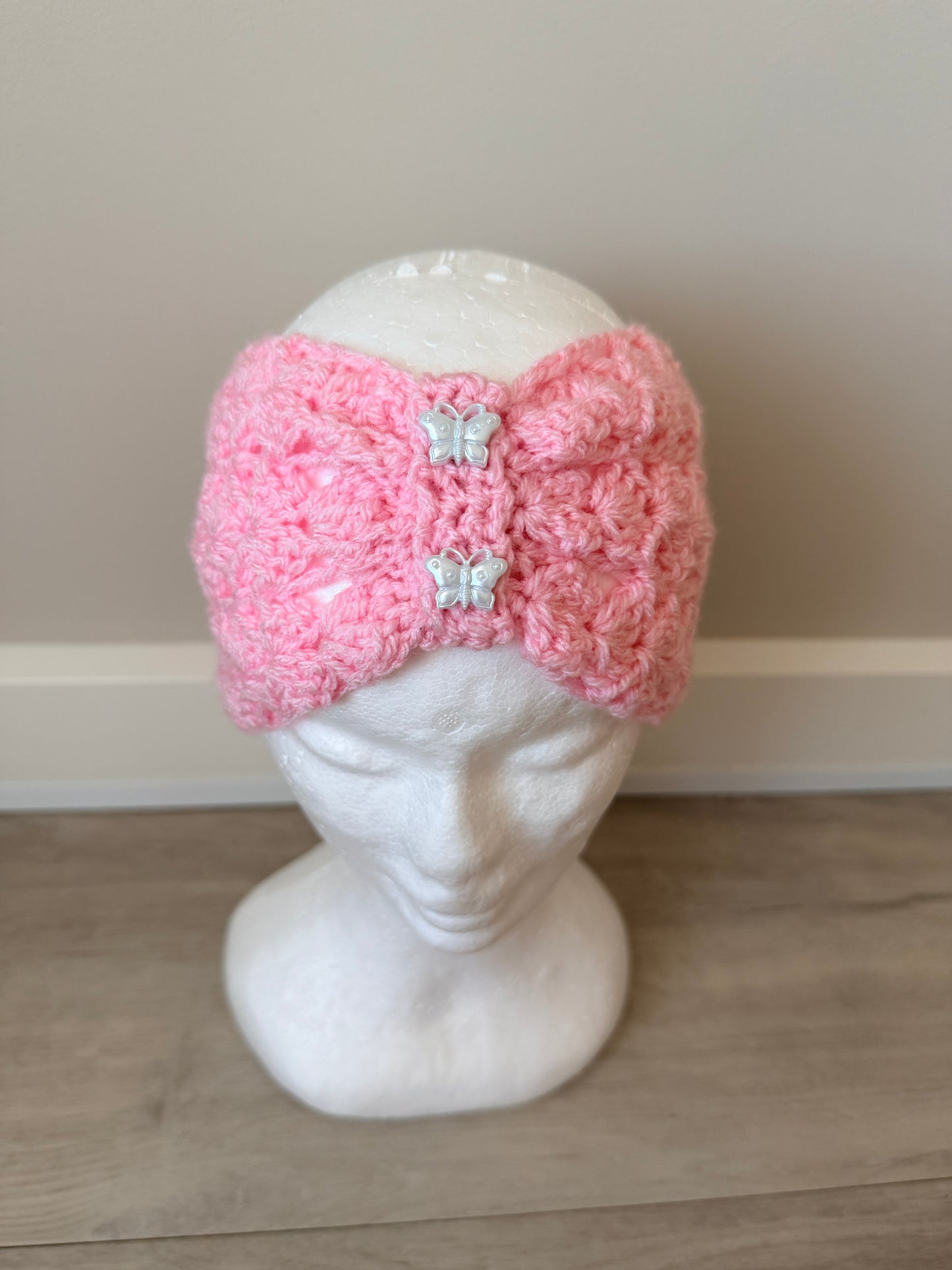 Pink Crochet Butterfly Button Head Wrap