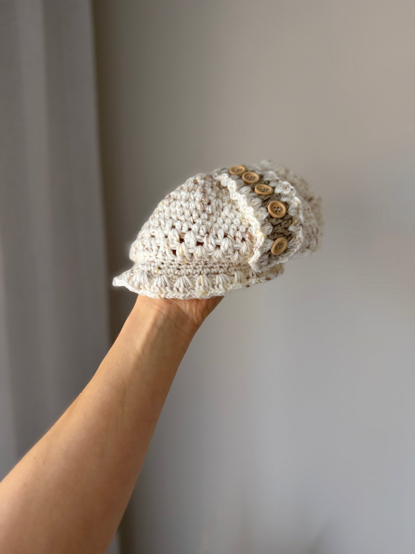 Neutral Crochet Hat with Button Detail