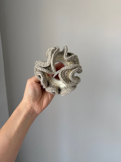 Brownish Grey & Cream Crochet Scrunchie