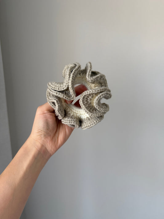 Brownish Grey & Cream Crochet Scrunchie