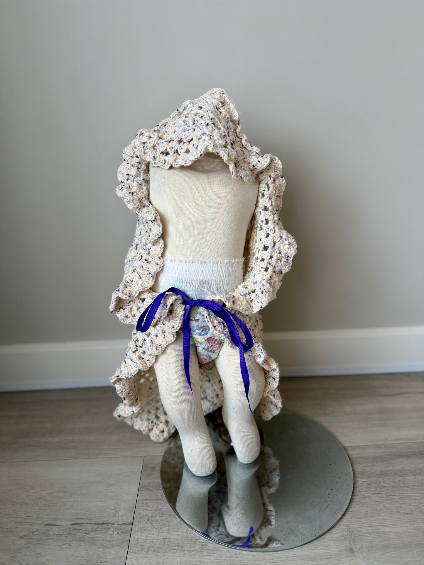 Leila Crochet Baby Wrap, Beanie + Headband Set