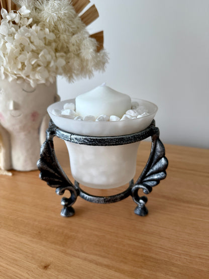 White Candle in Frosted Glass Bowl