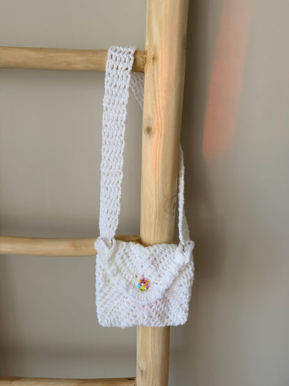 White & Coral Kids Crochet Bag with Princess Button