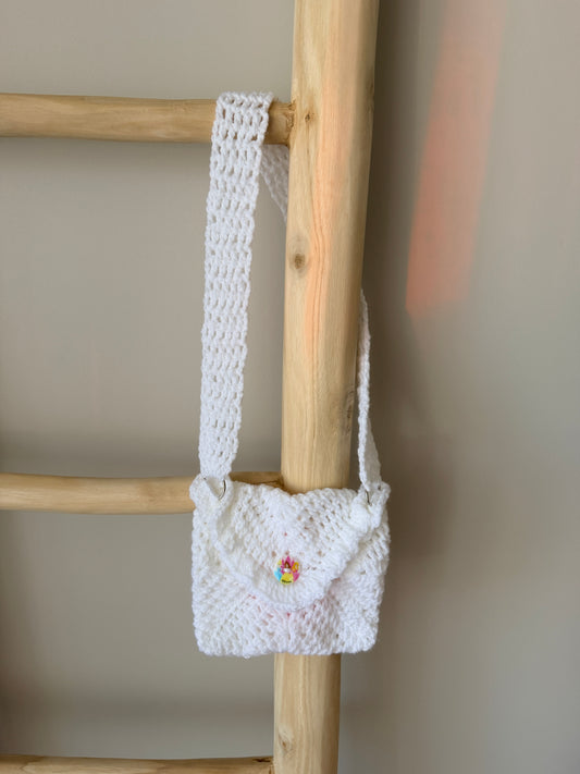 White & Coral Kids Crochet Bag with Princess Button