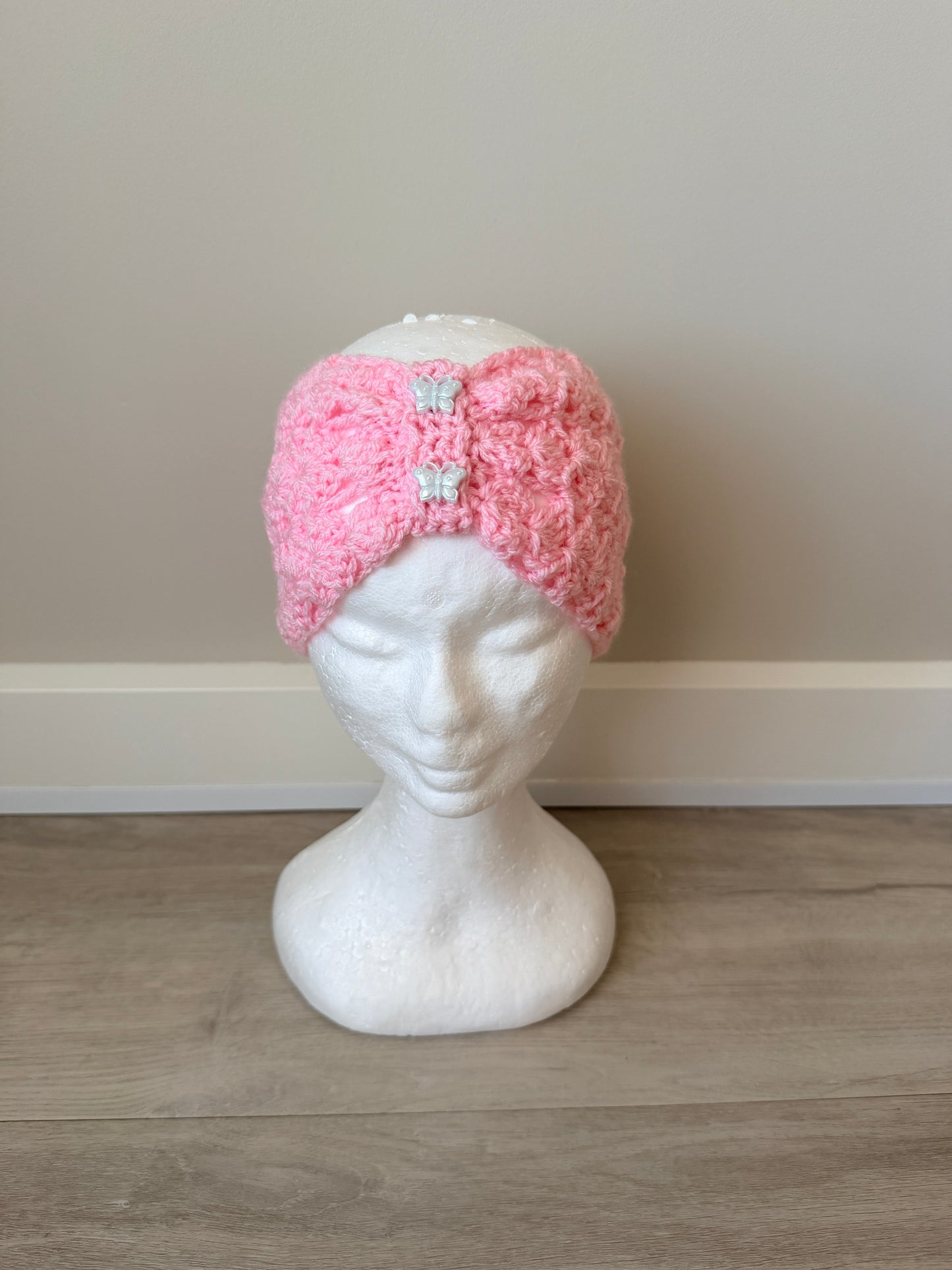 Pink Crochet Butterfly Button Head Wrap
