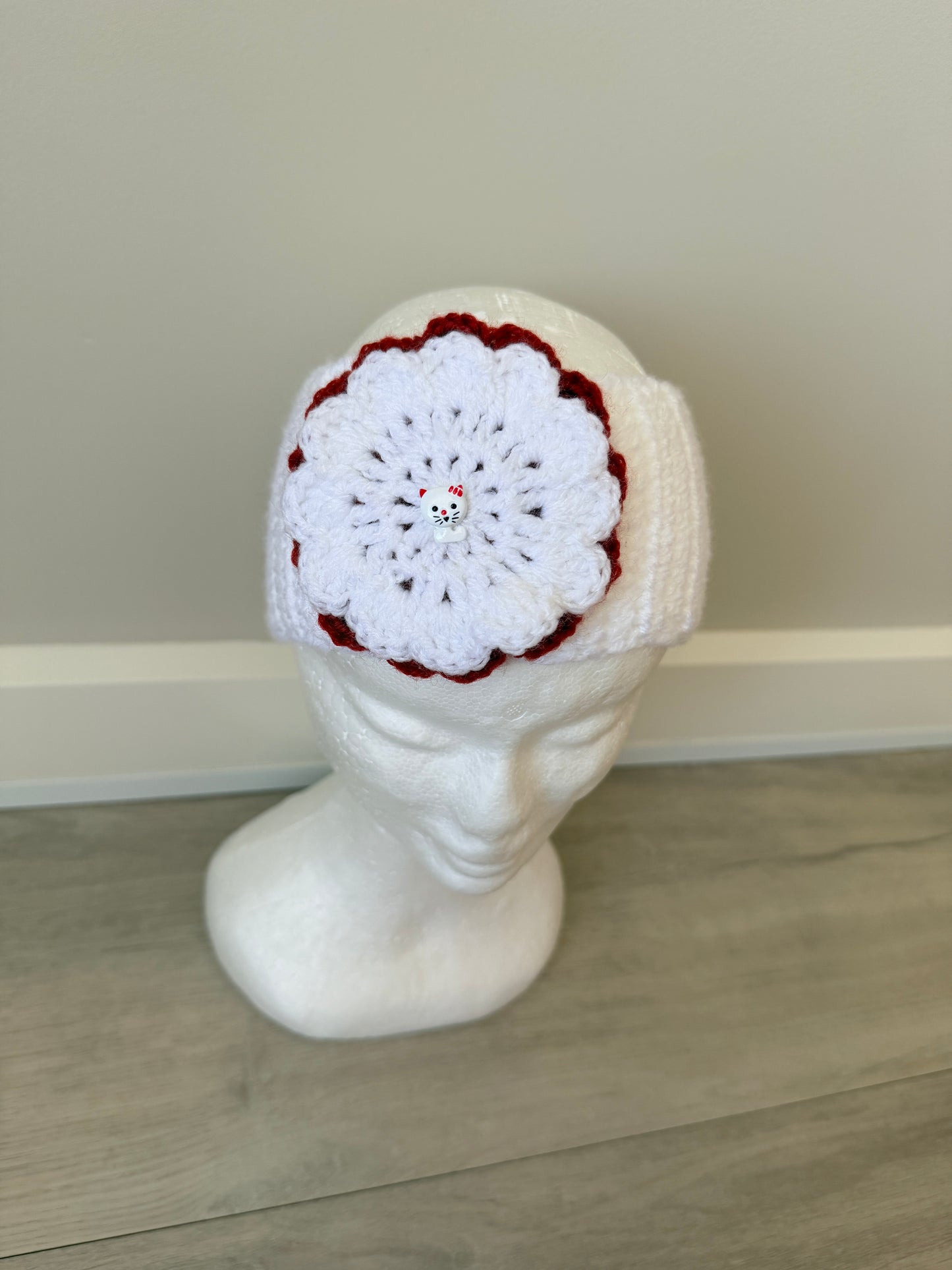 White & Red Crochet Headband with Cat Button