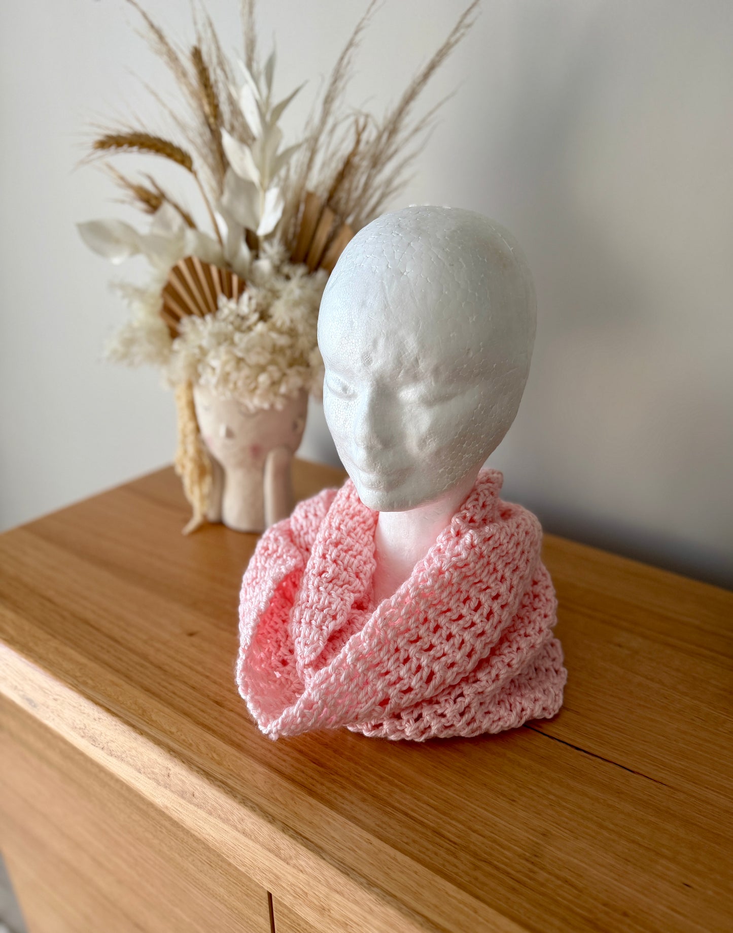 Pink Crochet Wrap-Around Scarf
