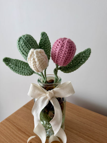 Crochet Coloured Flower Buds in Glass Vase