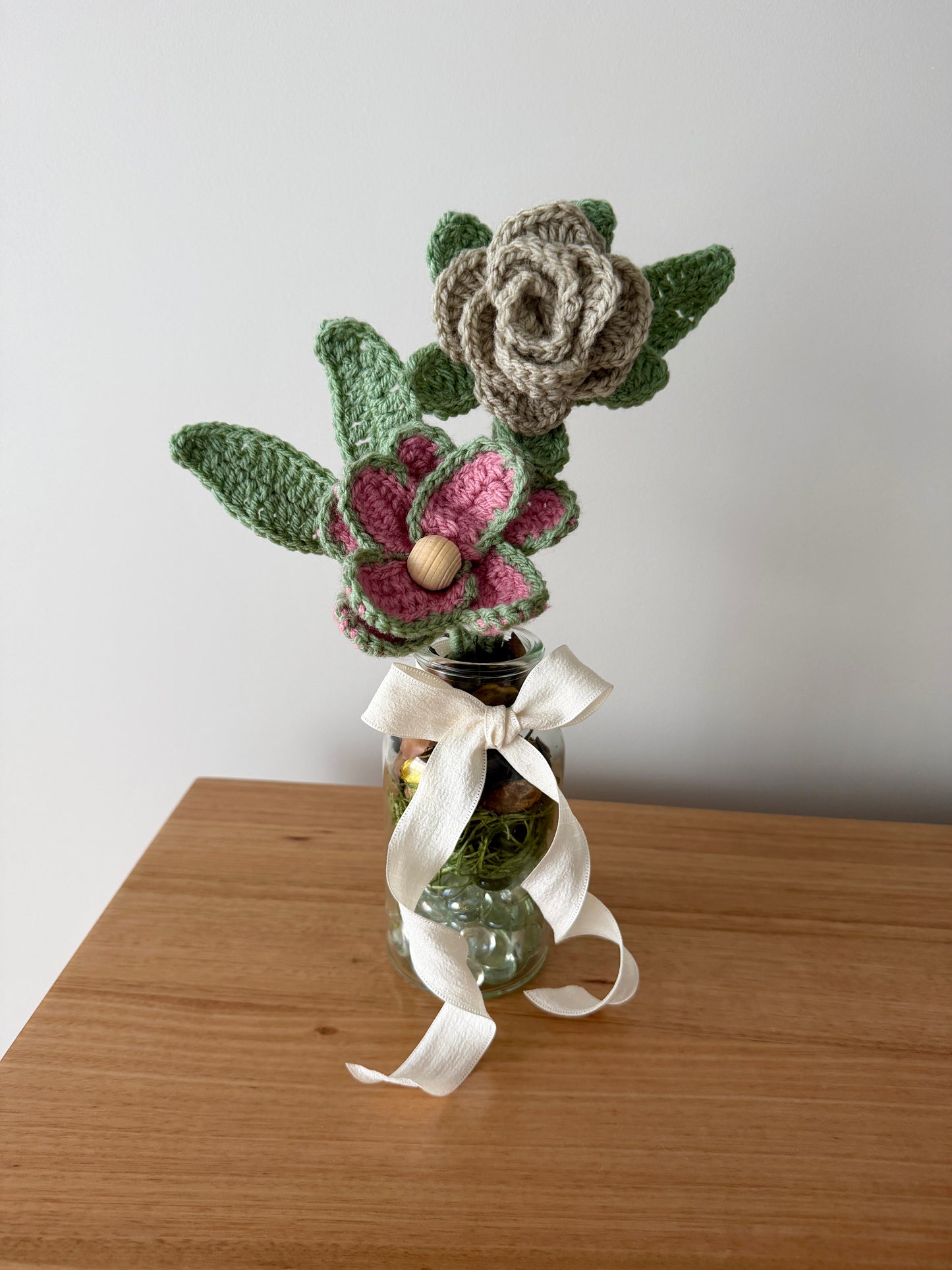 Coloured Crochet Flower Arrangement in Glass Vase