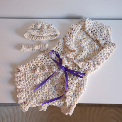 Leila Crochet Baby Wrap, Beanie + Headband Set