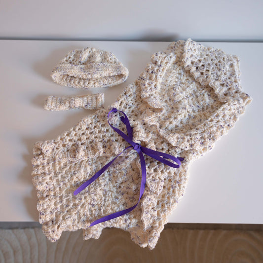 Leila Crochet Baby Wrap, Beanie + Headband Set
