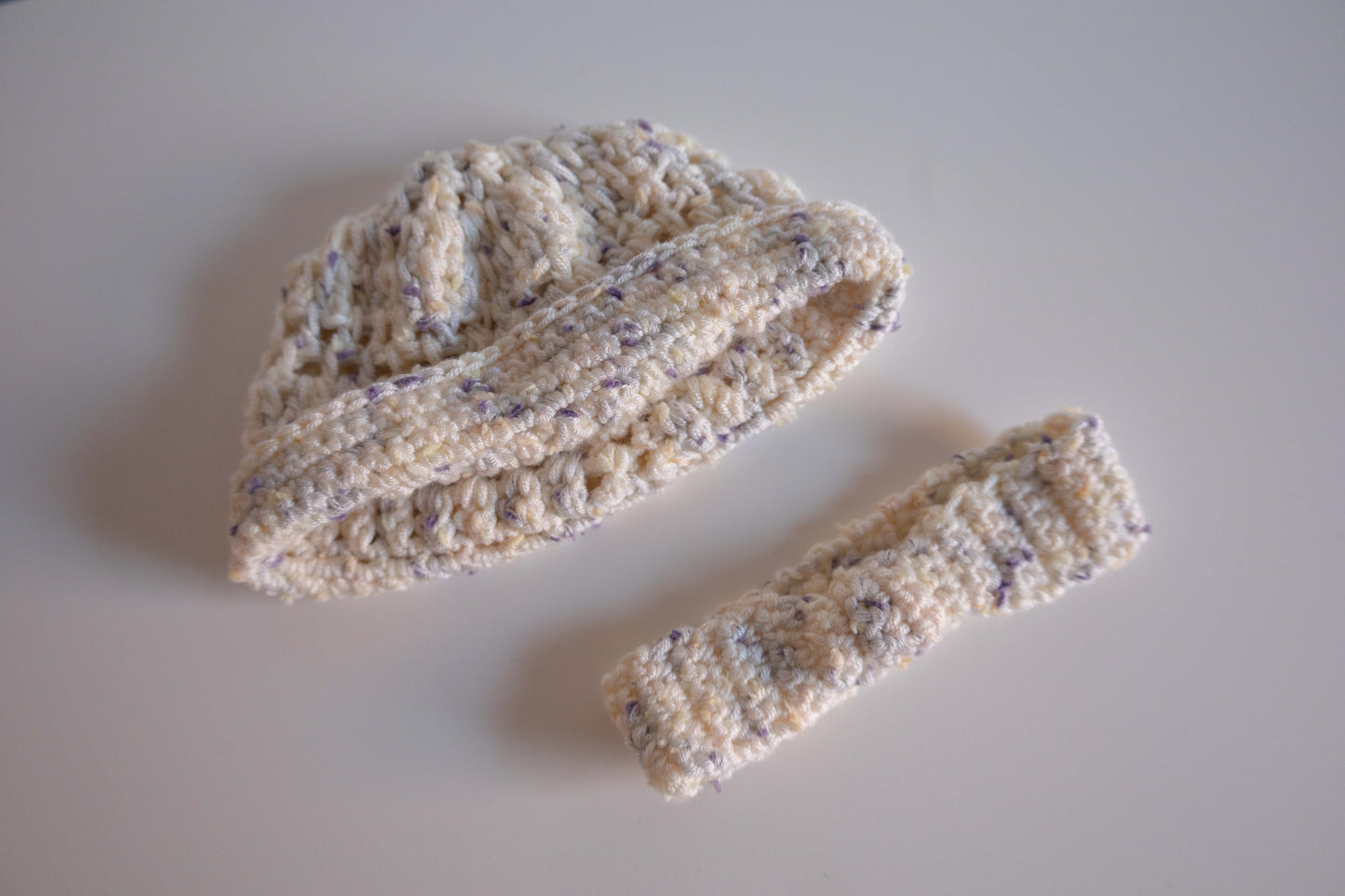 Leila Crochet Baby Wrap, Beanie + Headband Set