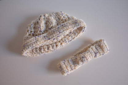 Leila Crochet Baby Wrap, Beanie + Headband Set