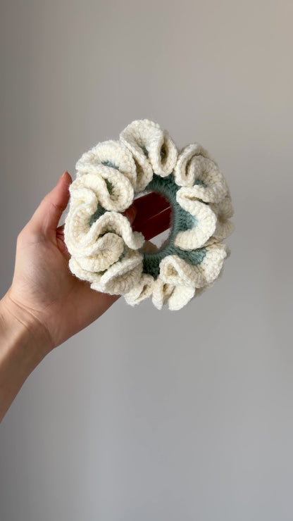 Aqua & Cream Crochet Scrunchie
